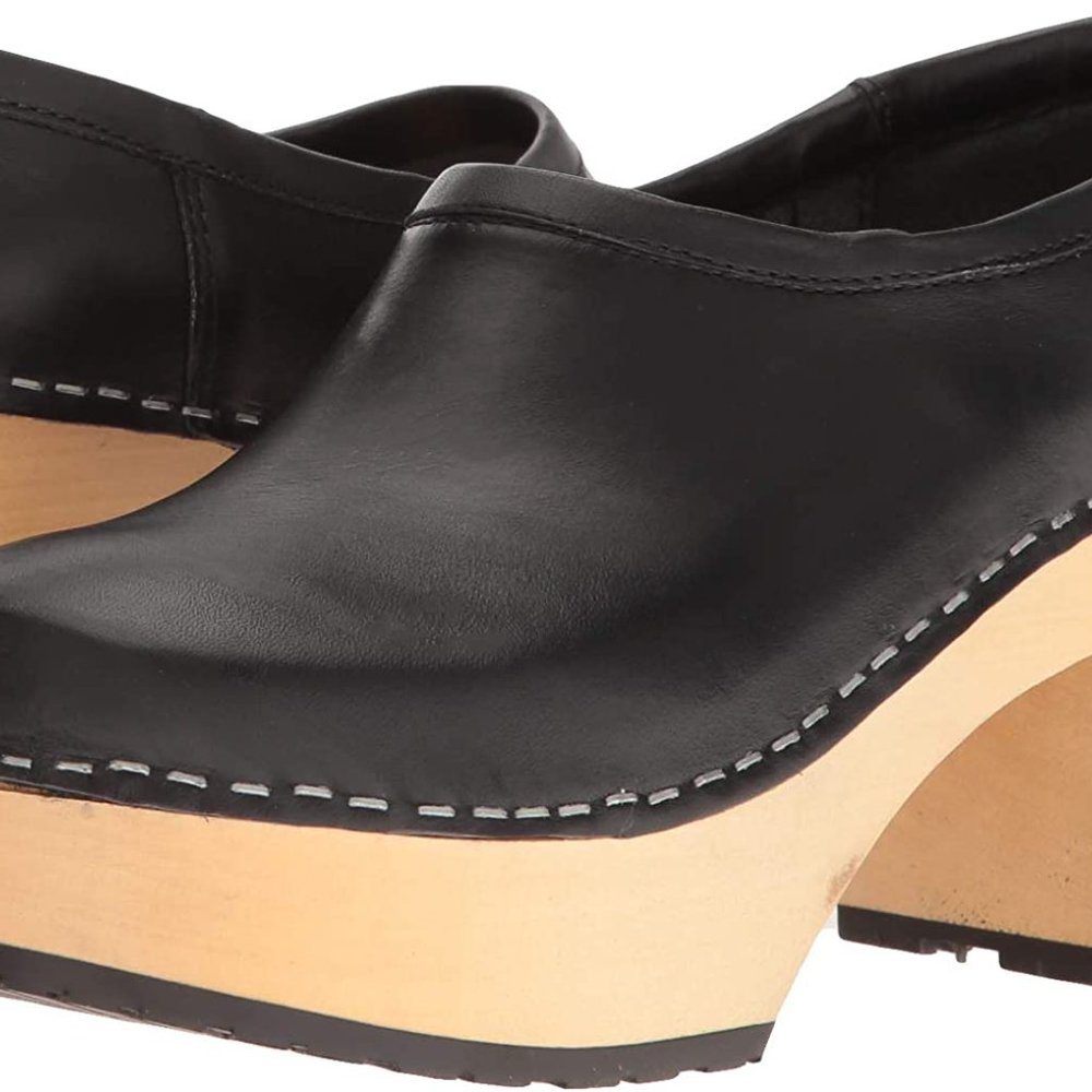 Swedish Hasbeens Bettan Heeled Platform Clogs in Black, 100% Leather